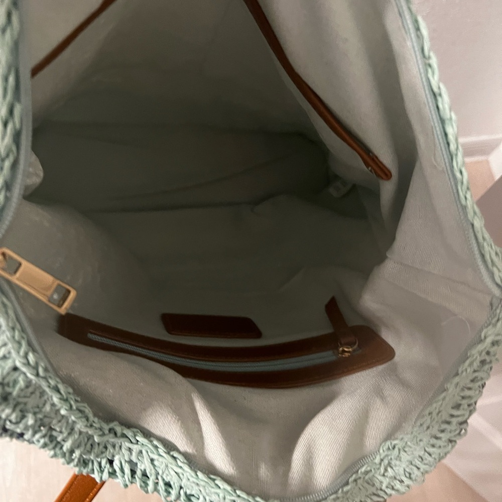 Striped Crochet Tote Bag - Mint and Navy - Picture 3 of 5